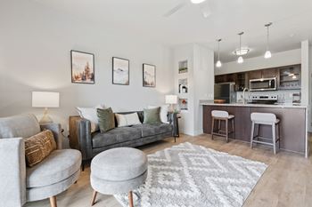 A modern living room with a grey couch, a grey ottoman, and a grey rug.